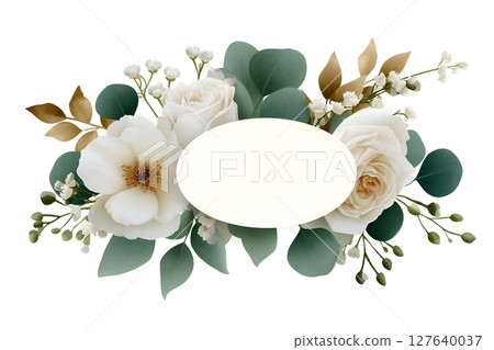 Elegant floral composition with white roses, green eucalyptus leaves, golden elements, and delicate flowers. Ideal for wedding invitations, greeting cards, and luxury decorative designs. 127640037