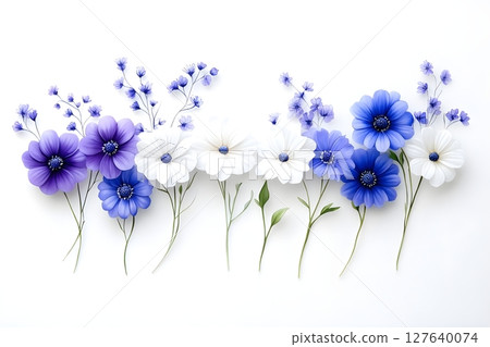 Beautiful arrangement of white and blue flowers with delicate purple accents on a clean white background. Ideal for botanical designs, wedding invitations, decor, and creative projects. 127640074