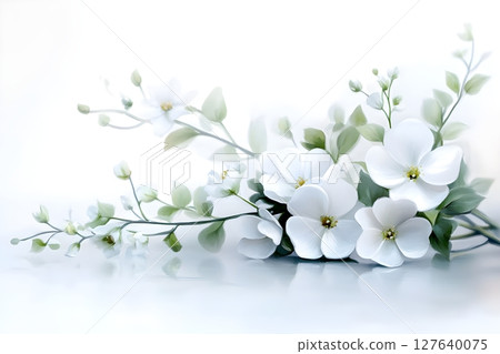 Elegant composition of white flowers with green leaves on a soft white background. Perfect for wedding designs, romantic themes, invitations, and floral decor projects. 127640075