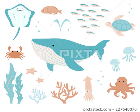 Summer sea creatures simple cute illustration set 127640076