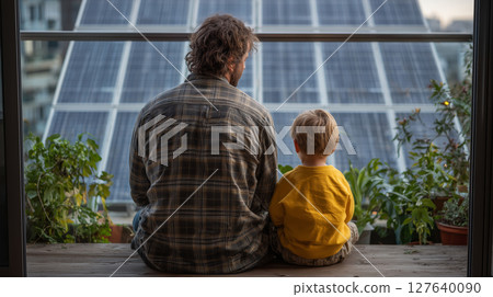 Father and son enjoying a peaceful moment on the balcony at sunset 127640090