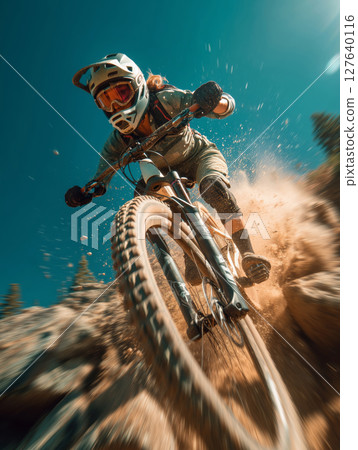 Latina athlete flies through the air on her mountain bike outdoors 127640116