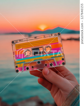 Holding onto memories with a vibrant audio cassette at sunset by the sea 127640155