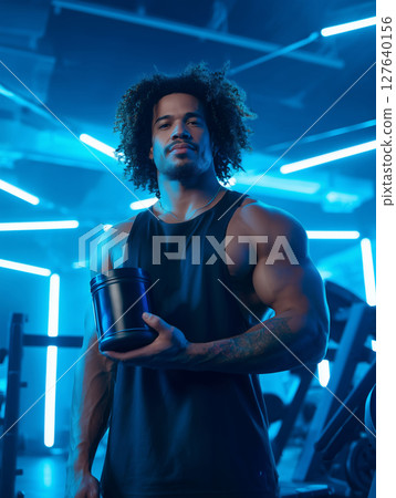 Muscular man showcasing fitness supplement in vibrant gym atmosphere Muscular man showcasing fitness supplement in vibrant gym atmosphere 127640156