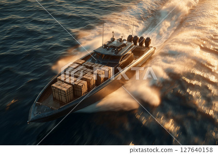 Speedboat glides over shimmering waters carrying valuable cargo at dusk 127640158