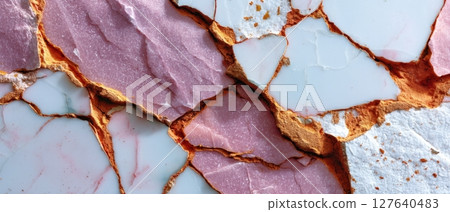 Semiprecious stone composite with ochre fractures and lilac-pink surfaces 127640483