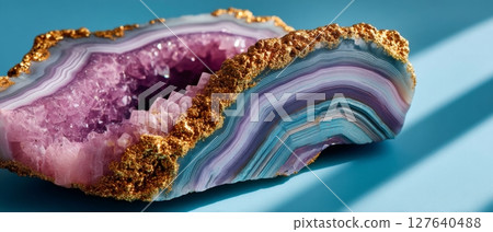 High resolution macro top-down view of semiprecious slab showing texture, geological layers, and detailed surface structure High resolution macro top-down view of semiprecious slab showing texture, geological layers, and detailed surface structure 127640488