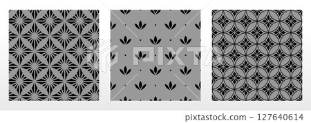 Geometric floral set of seamless patterns. Gray and black vector backgrounds. Damask graphic ornaments 127640614