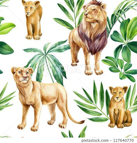 Tropical seamless pattern with watercolor lions lioness cubs and exotic green jungle leaves and plants. Wild animals for decor 127640770