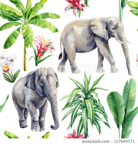 Tropical watercolor seamless pattern with elephants banana trees orchids and green exotic foliage 127640771