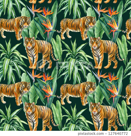 Seamless watercolor jungle pattern with bengal tigers bird of paradise flowers and tropical banana leaves 127640772