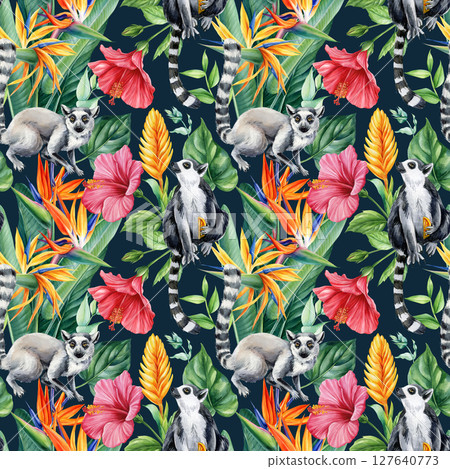 Watercolor tropical seamless pattern with ring tailed lemurs hibiscus flowers strelitzia and jungle green leaves for design 127640773