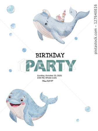 Invitation to children's birthday party. Nautical theme. Watercolor illustrations of whale with lighthouse, dolphin and water bubbles. Template with text, ready-made template. white background. 127640816