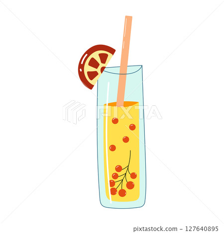 Glass of lemonade with small red berries and slice of grapefruit. 127640895