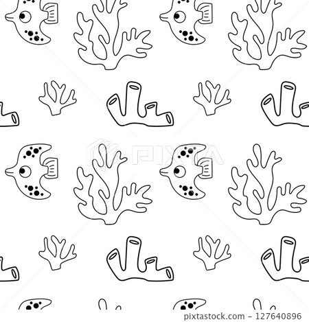 Doodle fish seamless pattern with corals. 127640896