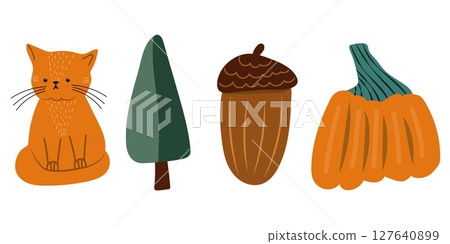 Set of autumn hand drawn cat, ancor, pumpkin and tree. 127640899