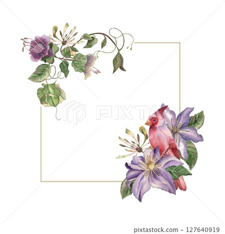 A square frame depicting a summer garden, intertwined with flowers of purple and lilac shades, with a bird. Clematis, ivy, creeper, leaves are hand-painted in watercolor in a botanical style. Weddings 127640919