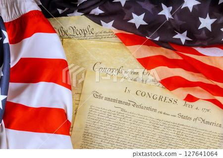 10 June 2025 Washington DC American flag Declaration of Independence represent national pride during historical event in July. 127641064