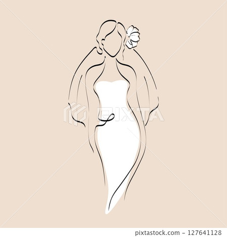 Continuous line drawing of a girl in a wedding dress and vail. Silhouette of the bride. Minimalist black linear sketch isolated on white background. Hand drawn vector illustration. 127641128