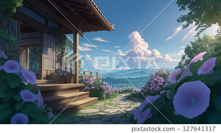 Morning glory flowers blooming in front of the house 127641317