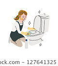 A woman in an apron cleaning a toilet 127641325