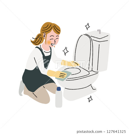 A woman in an apron cleaning a toilet 127641325