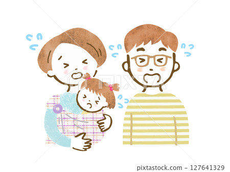 Family illustration of a mother and father holding a baby in a sling (crying face, upper body) 127641329