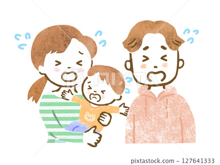 Family illustration of a mother and father holding a baby (crying face, upper body) Family illustration of a mother and father holding a baby (crying face, upper body) 127641333