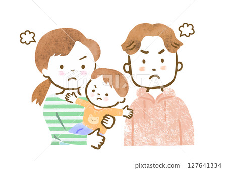 Family illustration of a mother and father holding a baby (angry face, upper body) 127641334