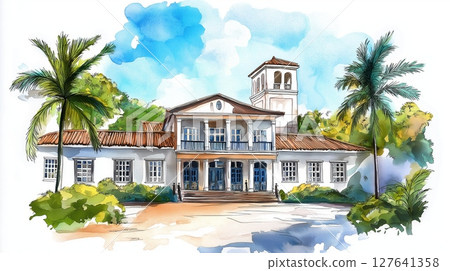 Bacardi Distillery. Bacardi Distillery hand drawn watercolor illustration 127641358