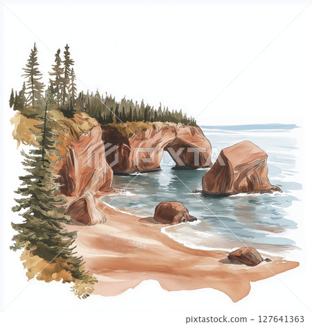 Bay of Fundy. Bay of Fundy hand drawn watercolor illustration Bay of Fundy. Bay of Fundy hand drawn watercolor illustration 127641363