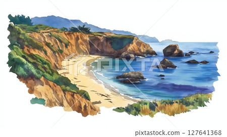 Big Sur Coastline. Big Sur Coastline hand drawn watercolor illustration 127641368
