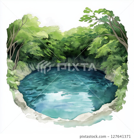 Blue Hole in Jamaica. Blue Hole in Jamaica hand drawn watercolor illustration Blue Hole in Jamaica. Blue Hole in Jamaica hand drawn watercolor illustration 127641371