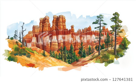 Bryce Canyon National Park. Bryce Canyon National Park hand drawn watercolor illustration Bryce Canyon National Park. Bryce Canyon National Park hand drawn watercolor illustration 127641381