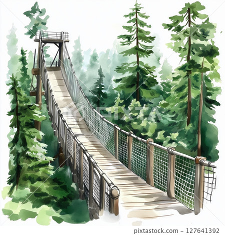 Capilano Suspension Bridge Park. Capilano Suspension Bridge Park hand drawn watercolor illustration 127641392
