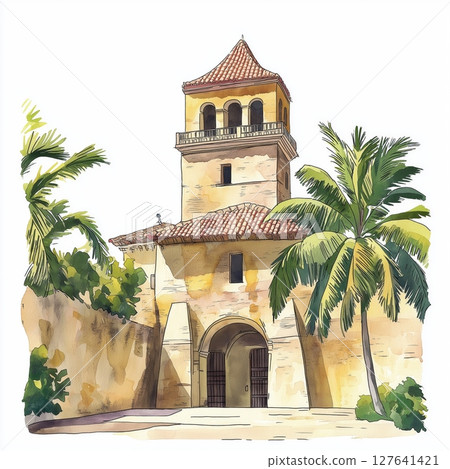 Castillo de San Felipe. Castillo de San Felipe hand drawn watercolor illustration Castillo de San Felipe. Castillo de San Felipe hand drawn watercolor illustration 127641421