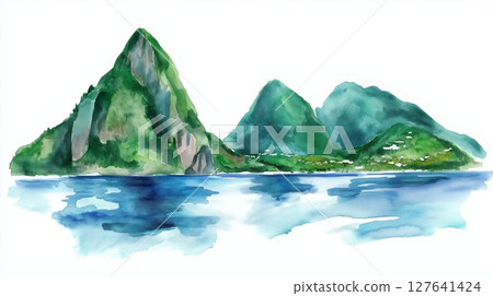 Castries and the Pitons. Castries and the Pitons hand drawn watercolor illustration 127641424