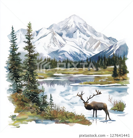 Denali National Park. Denali National Park hand drawn watercolor illustration 127641441