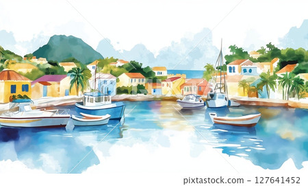 English Harbour. English Harbour hand drawn watercolor illustration English Harbour. English Harbour hand drawn watercolor illustration 127641452