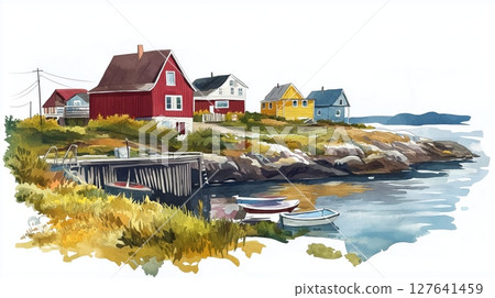 Fogo Island. Fogo Island hand drawn watercolor illustration 127641459