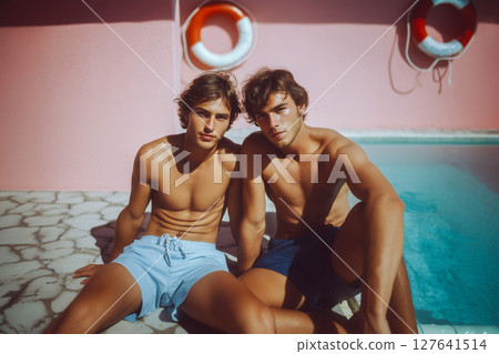 Two men are sitting in a pool, one of them wearing a blue swim trunks 127641514
