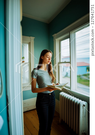 A woman is reading a book in a room with blue walls 127641751