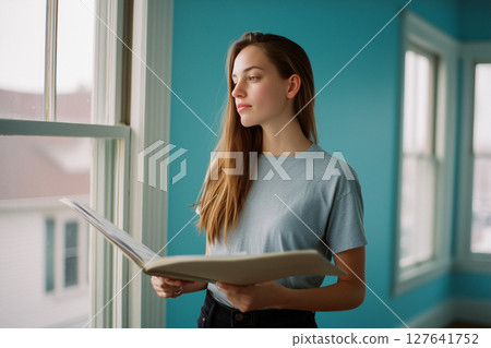 A woman is reading a book in a room with blue walls 127641752