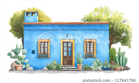 Frida Kahlo Museum. Frida Kahlo Museum hand drawn watercolor illustration 127641790