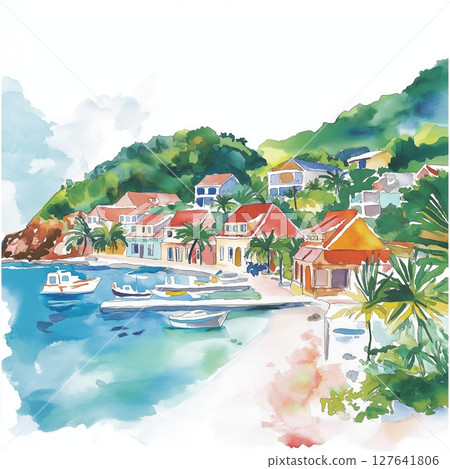 Gustavia. Gustavia hand drawn watercolor illustration Gustavia. Gustavia hand drawn watercolor illustration 127641806