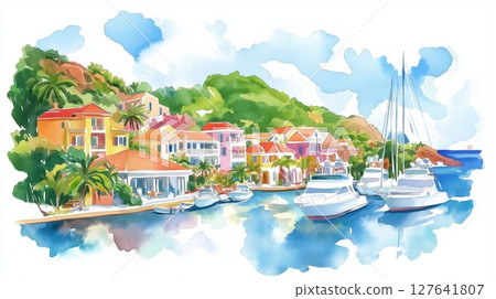 Gustavia. Gustavia hand drawn watercolor illustration Gustavia. Gustavia hand drawn watercolor illustration 127641807
