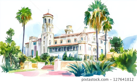Hearst Castle. Hearst Castle hand drawn watercolor illustration 127641812