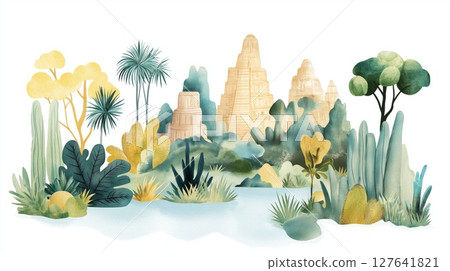 Chichen Itza. Chichen Itza hand drawn watercolor illustration 127641821