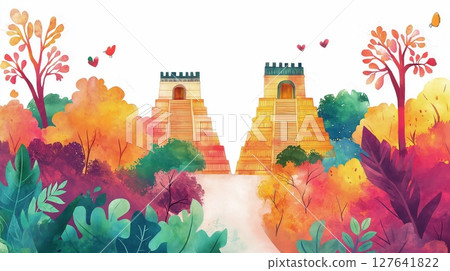 Chichen Itza. Chichen Itza hand drawn watercolor illustration 127641822