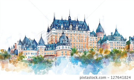 Chateau Frontenac. Chateau Frontenac hand drawn watercolor illustration 127641824